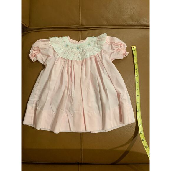 Pink Smocked Baby Dress Embroidered Collar Classic Heirloom Infant Puff 3 Month - Picture 1 of 4